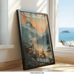 Japanese Lake House Wall Art, Mountain Landscape Print, Asian Home Decor, Tranquil Scenery Poster, Peaceful Nature Artwork - Tawshia