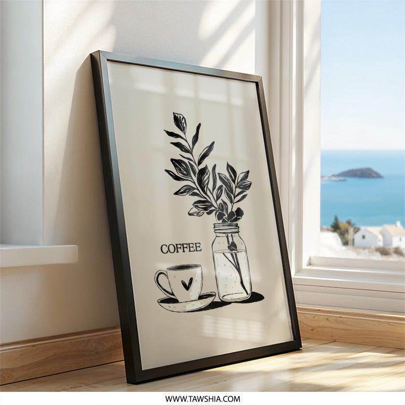 Coffee and Floral Wall Art, Kitchen Decor Print, Minimalist Home Wall Decor, Coffee Cup Print, Coffee Lover Gift, Modern Art Print - Tawshia
