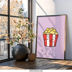 Cute Popcorn Wall Art, Happy Food Print, Kawaii Home Decor, Kid Room Art, Movie Night, Playroom Decor, Cartoon Popcorn Art - Tawshia