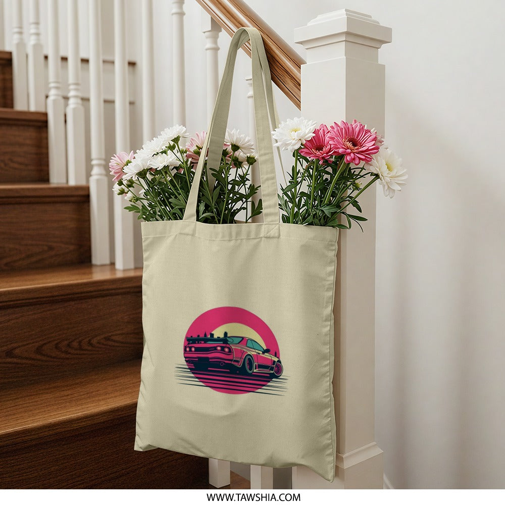 Retro Car Tote Bag, Vaporwave Art, 80s Aesthetic, JDM Design, Trendy Bag, Unique Gift, Stylish Tote, Everyday Bag, Gift for Car Lovers - Tawshia