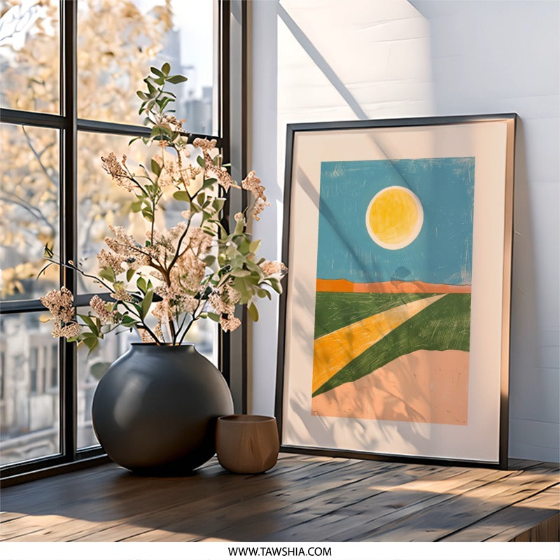 Abstract Landscape Wall Art, Modern Art Print, Yellow Sun Artwork, Contemporary Home Decor, Minimalist Wall Hanging, Geometric Landscape - Tawshia
