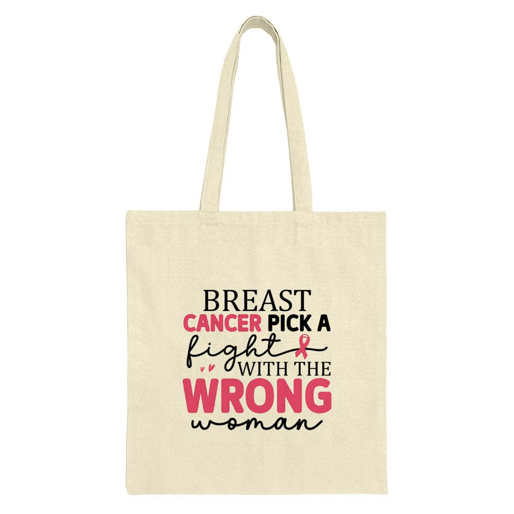 Breast Cancer Tote Bag, Pick a Fight Design, Wrong Woman Tote, Survivor Gift, Awareness Ribbon Bag, Empowering Tote Bag, Gift for Her - Tawshia