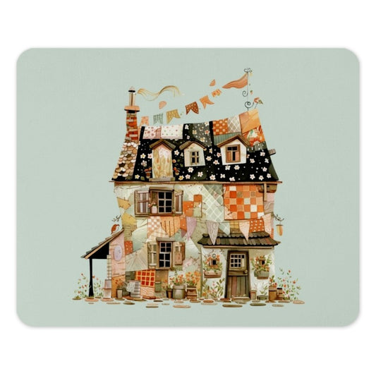 Quilted House Mouse Pad, Cozy Cottagecore Desk Decor, Whimsical Home Office Gift, Unique Computer Accessory, Patchwork Building Art - Tawshia