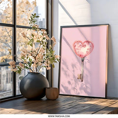 Heart Key Wall Art, Pink Wall Decor, Valentine's Gift, Romantic Wall Print, Love Home Decor, Key to My Heart, Framed Art, Home Decor - Tawshia