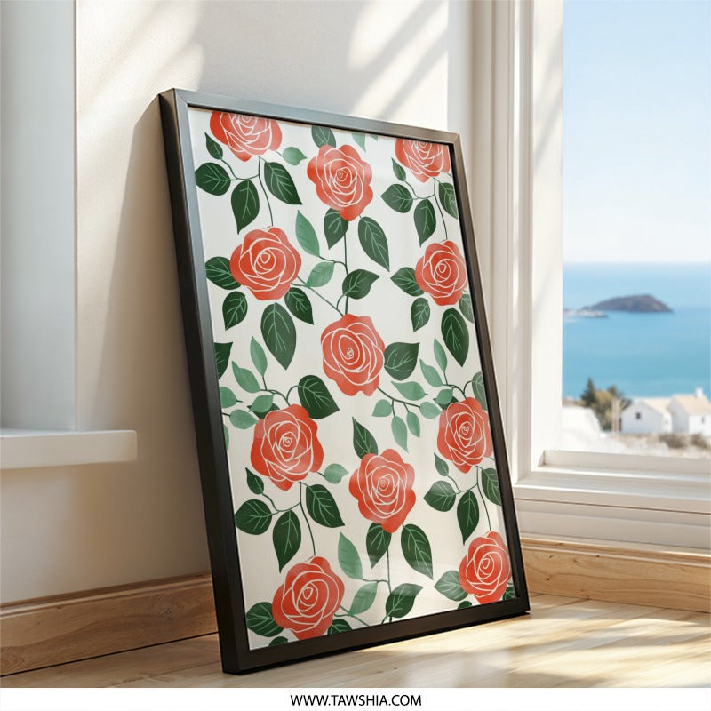 Red Rose Floral Wall Art, Botanical Print, Flower Artwork, Modern Home Decor, Trendy Poster, Wall Decor, Aesthetic Room Decor - Tawshia