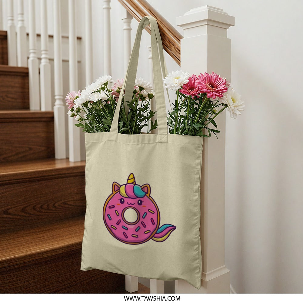 Unicorn Donut Tote Bag, Cute Food Bag, Kawaii Tote, Fun Gift Bag, Whimsical Design, Unique Totes - Tawshia