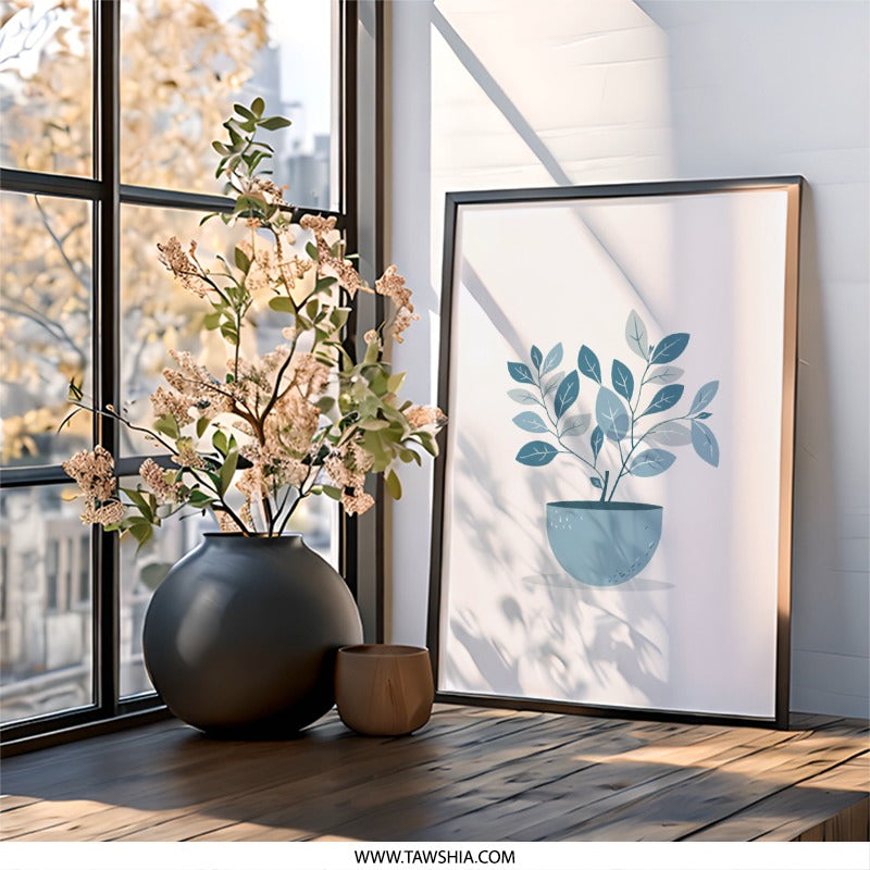 Potted Plant Wall Art, Blue Leaves Print, Minimalist Home Decor, Houseplant Illustration, Modern Art, Botanical Artwork - Tawshia