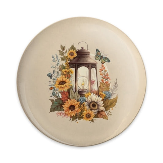 Floral Lantern Pinback Button, Sunflower Butterfly Badge, Rustic Lantern Art Button, Autumn Flower Pinback Button - Tawshia