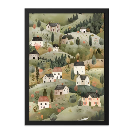 Village Landscape Wall Art, Cozy Houses Print, Whimsical Home Decor, Cute Cottagecore Artwork, Peaceful Scenery Painting - Tawshia