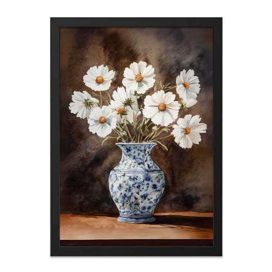 White Cosmos Wall Art, Floral Still Life Print, Blue and White Vase, Classic Flower Art, Elegant Home Decor, Timeless Artwork - Tawshia
