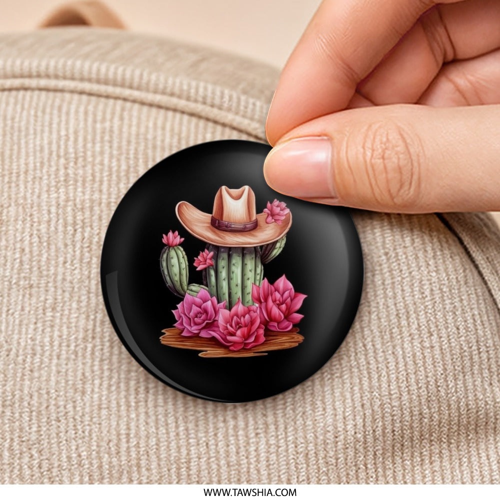 Cactus Cowboy Hat Pinback Button, Southwestern Desert Style, Floral Cactus Badge, Cute Western Pin, Trendy Gift, Unique Accessories - Tawshia