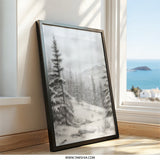 Winter Forest Wall Art, Snowy Mountain Print, Pencil Drawing Landscape, Nature Scene Decor, Winter Trees Art, Monochrome Artwork, Framed Art - Tawshia