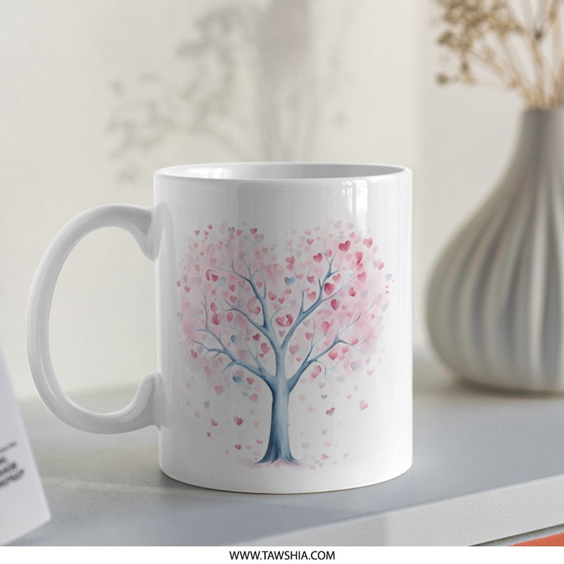 Heart Tree Mug, Love Tree Gift, Valentines Gift, Romantic Mug, Heart Mug, Anniversary Mug, Unique Coffee Mug, Watercolor Mug - Tawshia