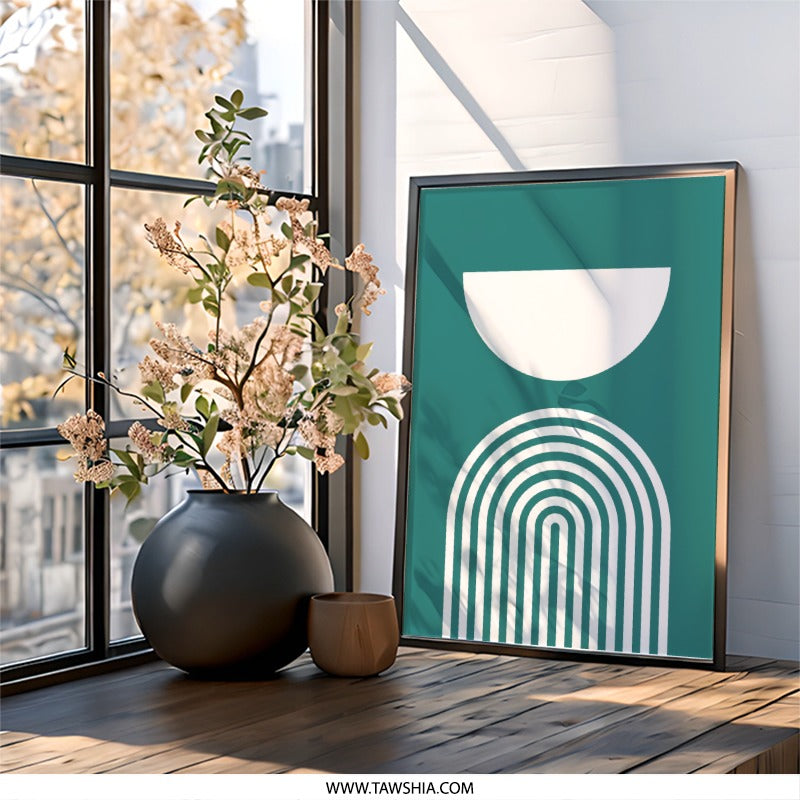 Minimalist Wall Art, Geometric Print, Boho Decor, Teal and White Art, Abstract Shapes, Modern Art Print, Home Decor, Simple Wall Decor - Tawshia