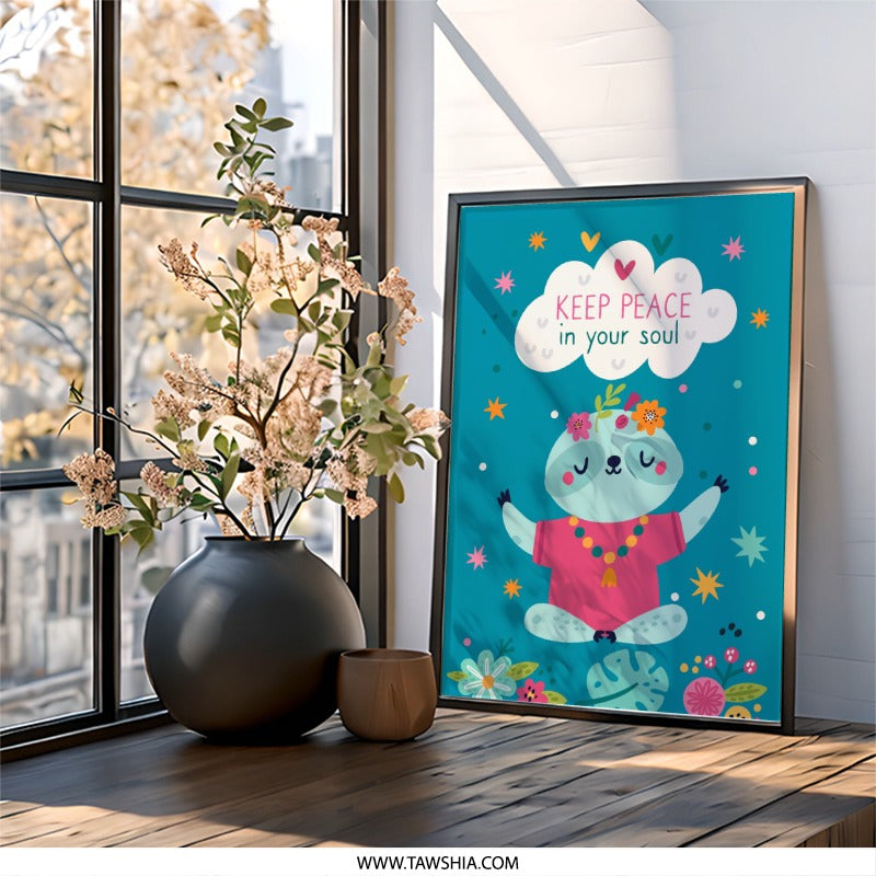 Yoga Sloth Wall Art, Keep Peace Soul, Meditation Sloth, Boho Kids Room Decor, Cute Animal Print, Sloth Lover Gift, Inspirational Art - Tawshia