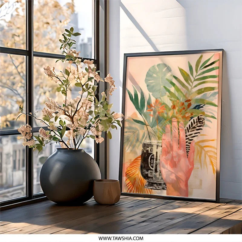 Tropical Wall Art Print, Hand and Plant Art, Exotic Decor, Modern Home Decor, Nature Inspired Wall Decor, Botanical Art Print, Framed Art - Tawshia