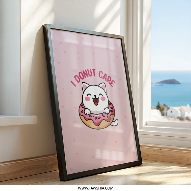 Funny Cat Wall Art, I Donut Care, Cute Cat Print, Cat Lover Gift, Kawaii Wall Decor, Sweet Treat Art, Playful Illustration - Tawshia