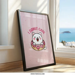 Funny Cat Wall Art, I Donut Care, Cute Cat Print, Cat Lover Gift, Kawaii Wall Decor, Sweet Treat Art, Playful Illustration - Tawshia