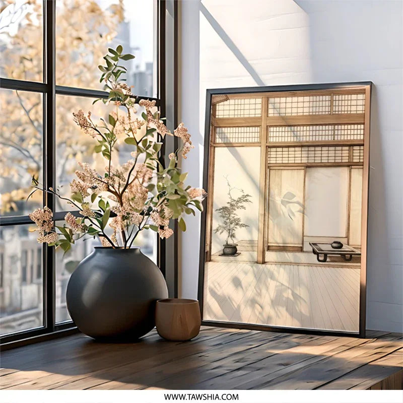 Japanese Interior Wall Art, Asian Room Print, Serene Living Space Decor, Minimalist Design, Tranquil Home, Sliding Door Art - Tawshia