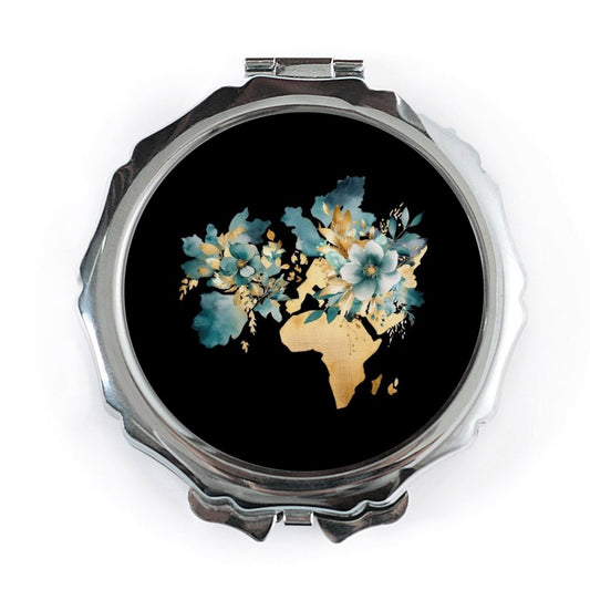 Floral World Map Pocket Mirror, Cute Travel Mirror, Makeup Mirror, Gifts for Her, Compact Mirror, Global Traveler Gift, Floral Mirror - Tawshia