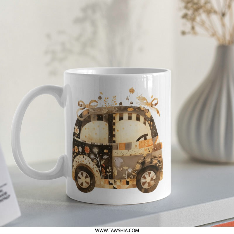 Floral Car Mug, Cute Car Illustration, Flower Car Art, Unique Mug Gift, Coffee Mug, Tea Mug, Gift for Her, Novelty Mug, Fun Mug - Tawshia