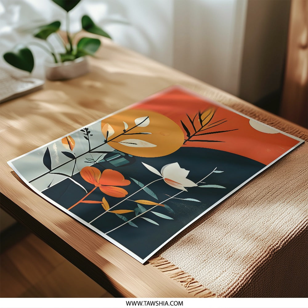 Abstract Floral Photographic Print, Modern Flower Art, Botanical Wall Decor, Geometric Art Print, Home Decor Photo, Orange and Blue - Tawshia
