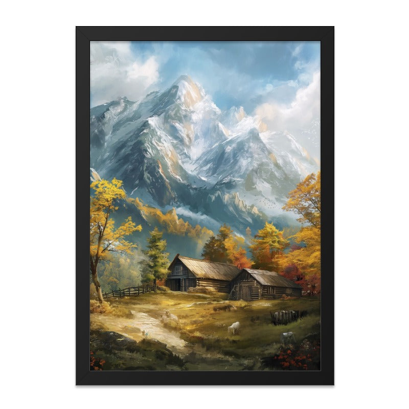 Mountain Cabin Wall Art, Autumn Scenery Print, Landscape Painting, Rustic Home Decor, Nature Art Print, Peaceful Retreat Wall Hanging - Tawshia