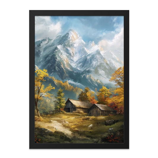 Mountain Cabin Wall Art, Autumn Scenery Print, Landscape Painting, Rustic Home Decor, Nature Art Print, Peaceful Retreat Wall Hanging - Tawshia