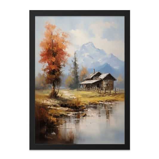 Cabin in Mountain Wall Art, Landscape Painting Art Print, Rustic Home Decor, Autumn Scenery Print, Lakeside Cottage Artwork, Nature Wall Art - Tawshia