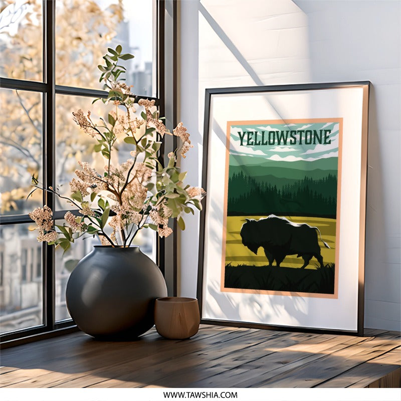 Yellowstone Wall Art, National Park Decor, Buffalo Illustration, Landscape Art Print, Travel Poster, Nature Wall Hanging, Home Decor - Tawshia