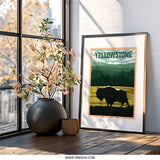 Yellowstone Wall Art, National Park Decor, Buffalo Illustration, Landscape Art Print, Travel Poster, Nature Wall Hanging, Home Decor - Tawshia