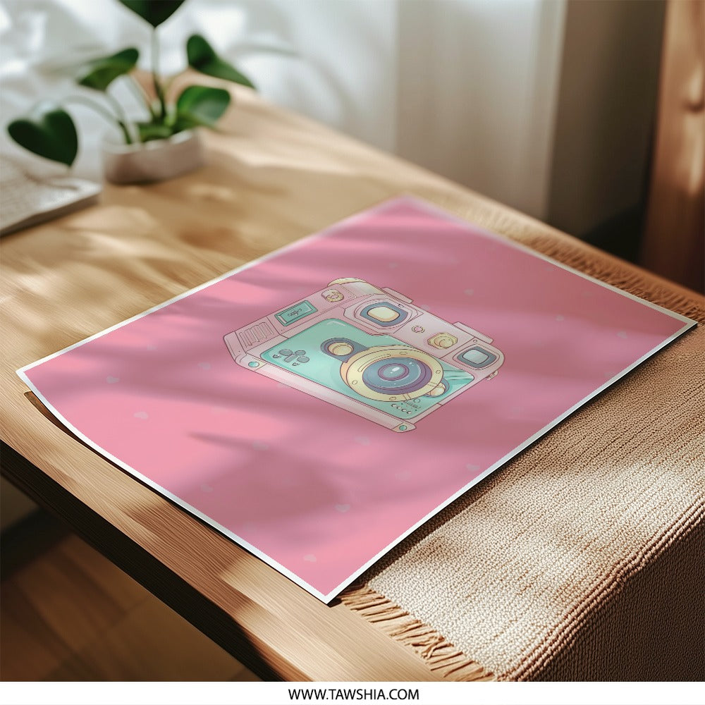 Cute Camera Photographic Print, Kawaii Aesthetic, Retro Camera Art, Pink Photography Wall Decor, Pastel Camera Print, Gift for Photographer - Tawshia