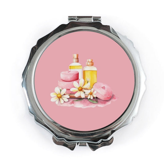 Spa Day Pocket Mirror, Self Care Gift, Aromatherapy Pocket Mirror, Pink Soap Bottle Flowers, Women's Gift, Beauty Pocket Mirror - Tawshia