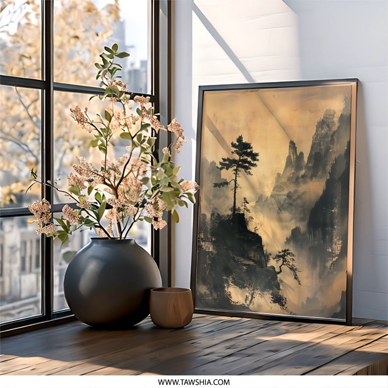 Oriental Mountain Wall Art, East Asian Landscape Print, Foggy Mountain Scene, Serene Nature Wall Decor, Zen Art, Calming Home Decor - Tawshia