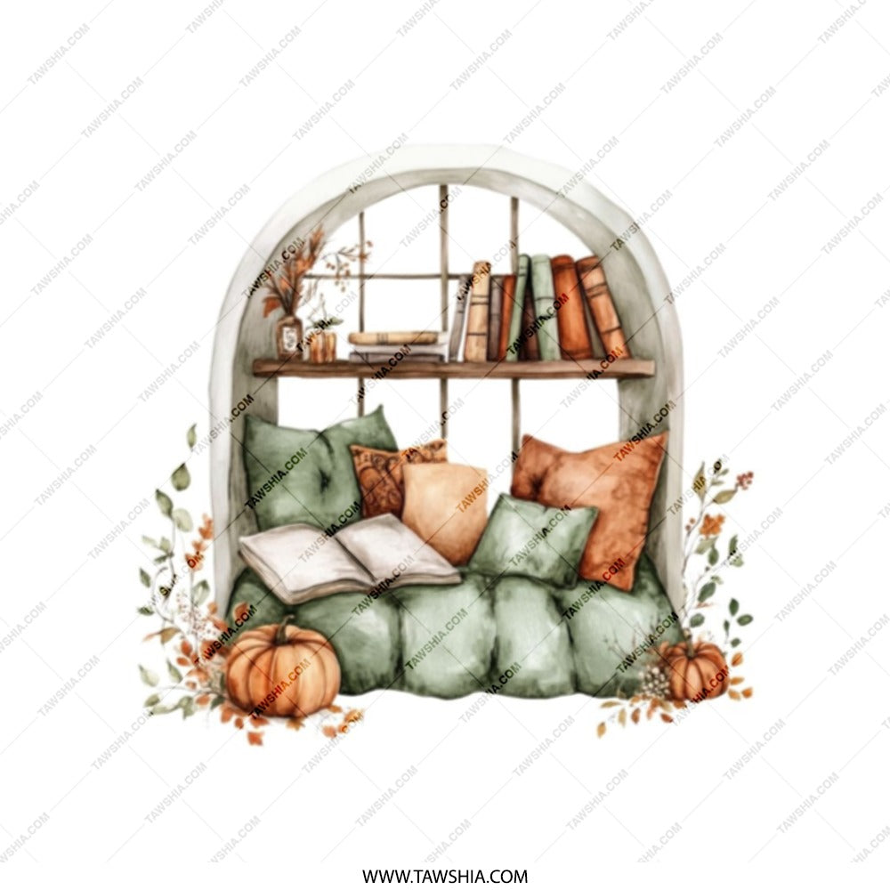 Cozy Reading Nook Tote Bag, Window Seat Design, Fall Decor Book Lover Gift, Literary Tote, Autumn Pumpkins, Watercolor Illustration Art - Tawshia