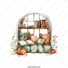 Cozy Reading Nook Tote Bag, Window Seat Design, Fall Decor Book Lover Gift, Literary Tote, Autumn Pumpkins, Watercolor Illustration Art - Tawshia