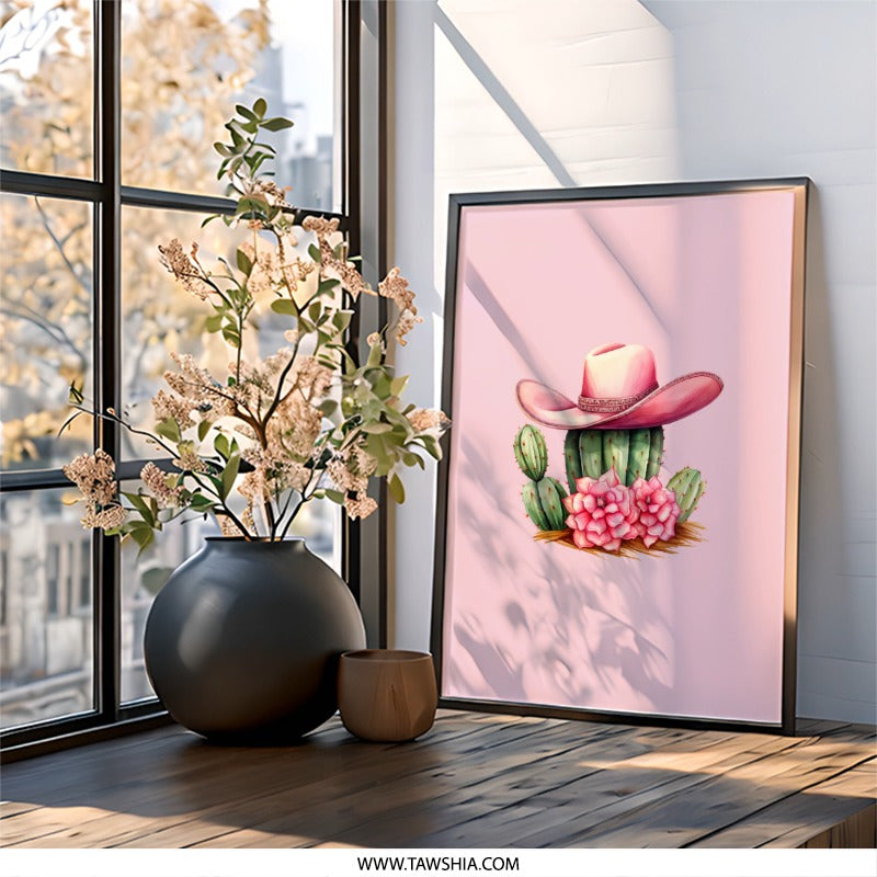 Pink Cactus Wall Art, Cowgirl Hat Decor, Desert Wall Decor, Southwest Art Print, Boho Cactus Wall Art, Western Home Decor - Tawshia