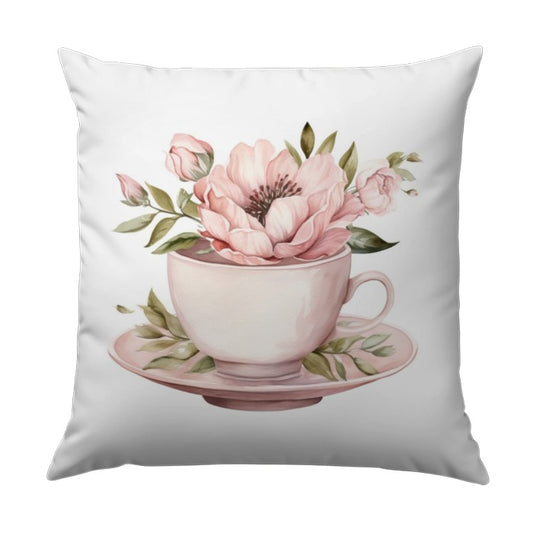 Floral Tea Cup Pillow, Pink Flower Accent Pillow, Elegant Home Decor, Watercolor Flower Pillow, Vintage Style Pillow - Tawshia