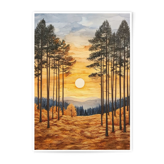 Golden Sunset Photographic Print, Forest Scene Art, Watercolor Landscape, Nature Wall Decor, Fine Art Paper Print - Tawshia