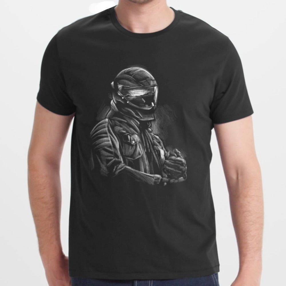 Futuristic Motorcycle Racer on Black T-Shirt product