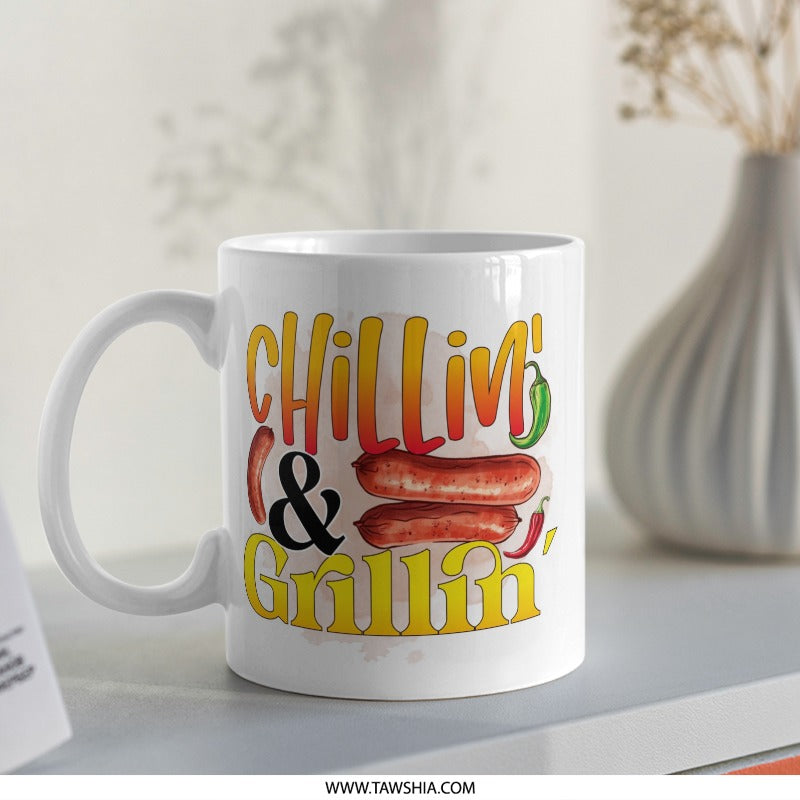 Chilling and Grilling Mug, BBQ Mug, Food Lover Gift, Grill Master Mug, Funny BBQ Mug, Sausage Mug, Novelty Mug, Gift For Him, Cute Mug - Tawshia
