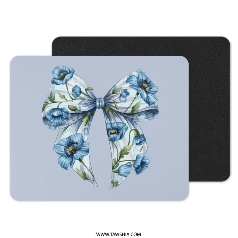 Floral Bow Mouse Pad, Blue Poppy Mousepad, Cute Mousepad, Office Decor, Computer Accessories, Gift For Her, Desk Accessories - Tawshia