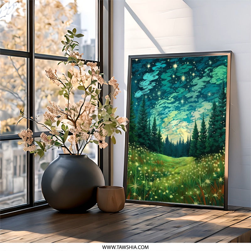 Enchanted Forest Wall Art, Starry Night Print, Fantasy Landscape Poster, Celestial Home Decor, Nature Illustration, Magical Wall Decor - Tawshia