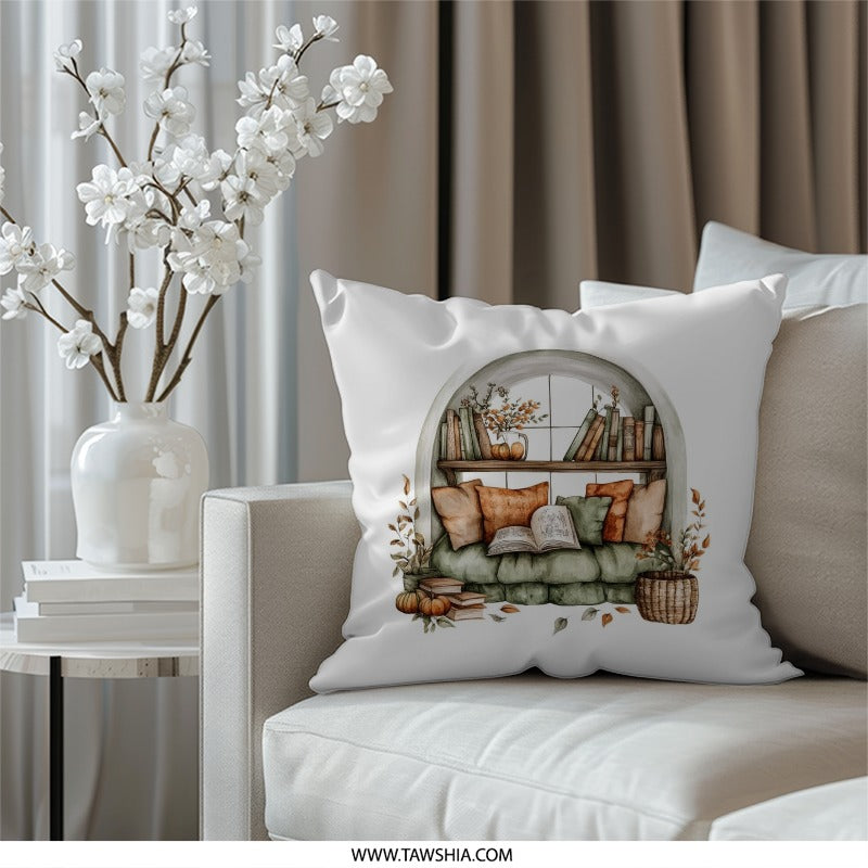 Reading Nook Pillow, Cozy Window Seat Design, Book Lover Decor, Autumn Home Accent Pillow, Literary Gift Idea - Tawshia