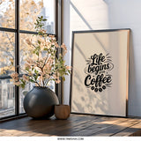 Life Begins After Coffee Wall Art, Motivational Home Decor, Coffee Lover Gift, Kitchen Art, Inspirational Quote Print, Framed Wall Decor - Tawshia