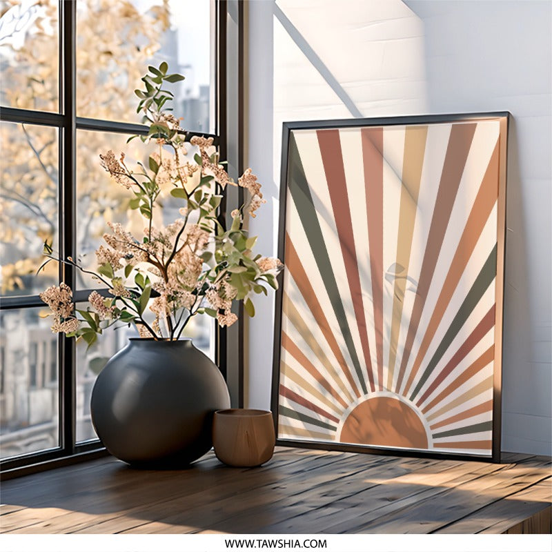Boho Sun Wall Art, Minimalist Sunrise Print, Abstract Geometric Art, Earth Tone Decor, Retro Style Poster, Modern Art Print, Home Decor - Tawshia