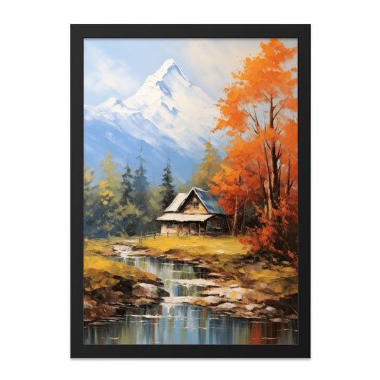 Mountain Cabin Wall Art, Autumn Landscape Print, River Scene Painting, Rustic Home Decor, Framed Art, Nature Artwork, Scenic View - Tawshia