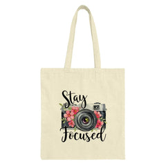 Stay Focused Camera Tote Bag, Photography Lover Gift, Floral Camera Design, Motivational Tote, Stylish Everyday Tote Bag, Camera Art - Tawshia