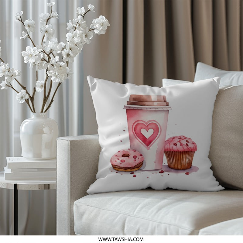 Coffee Donut Cupcake Pillow, Valentine Pillow, Pink Treat Pillow, Sweet Treat Pillow, Foodie Decor, Home Decor Pillow, Decorative Pillow - Tawshia