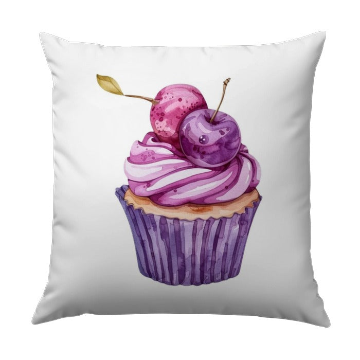 Cherry Cupcake Pillow, Watercolor Art Cushion, Sweet Treat Decor, Whimsical Food Pillow, Unique Gift Idea, Dessert Lover Gift - Tawshia